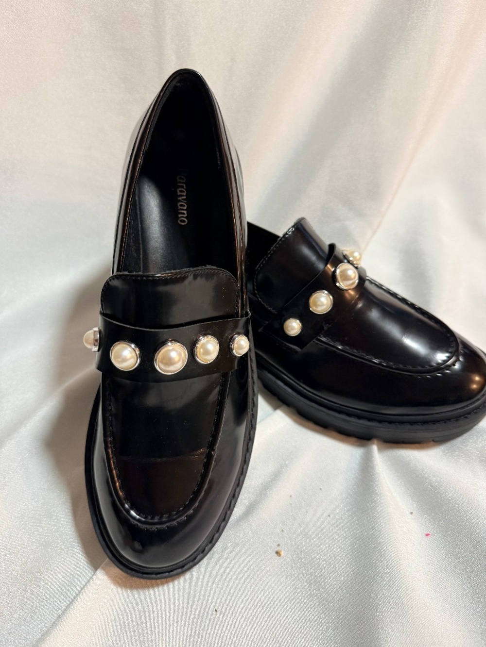 Paravanno Women’s Black Patent Pearl Embellished Chunky Loafers Size 39